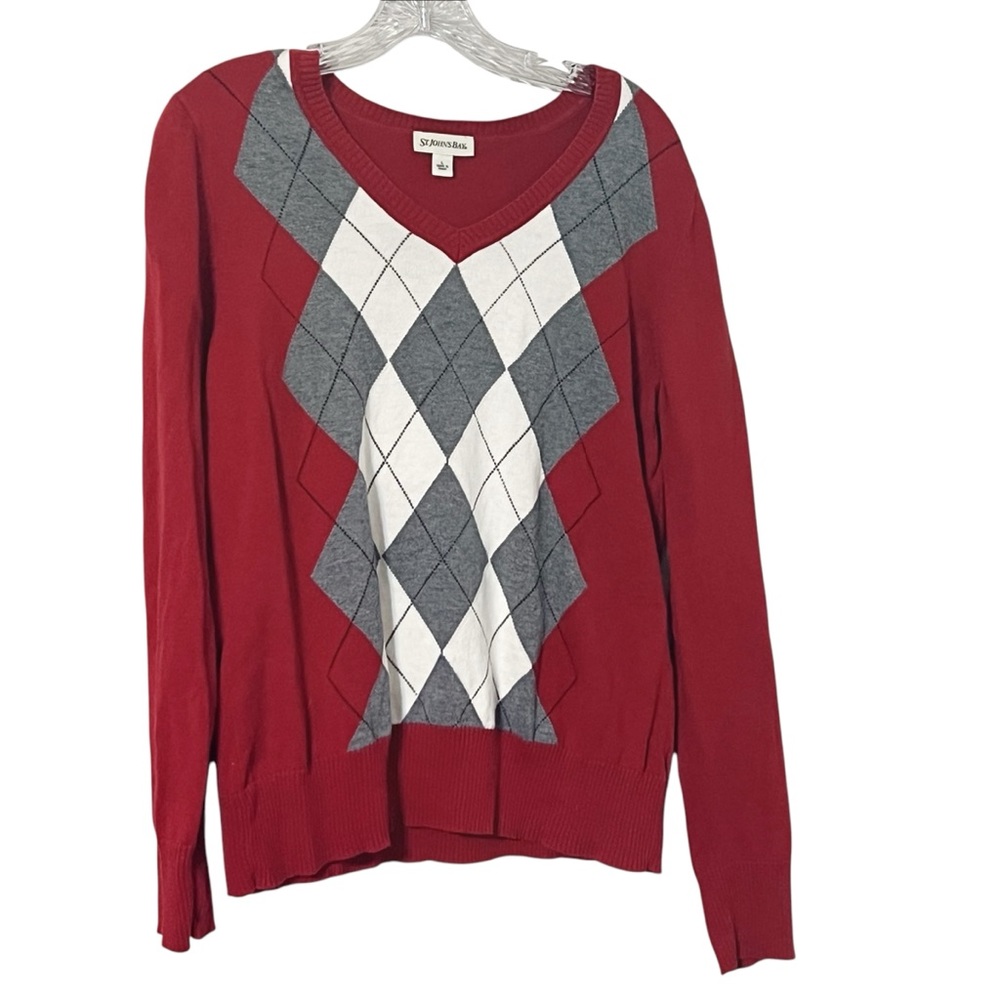 St. John’s Bay Womens Red 100% Cotton Argyle‎ V Neck Sweater Size L Academia EUC